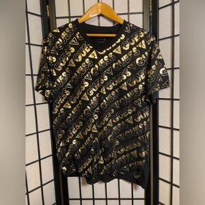 Guess Men's Black V-Neck T-Shirt With Gold Logo Print Size XL